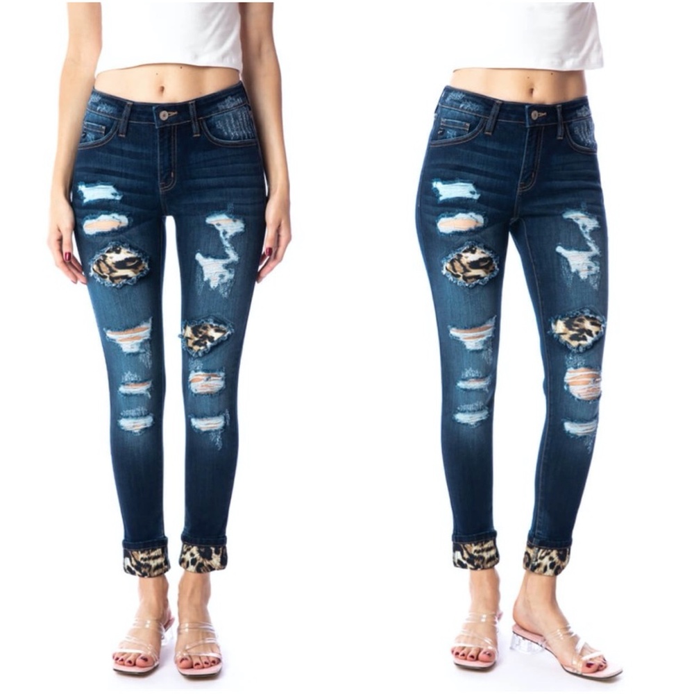 Kancan Mid Rise Leopard Patch Ankle Skinny - Picture 6 of 6